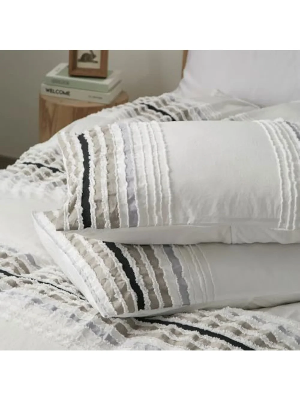 White Ombre Tufted Stripe Queen Duvet Cover Set